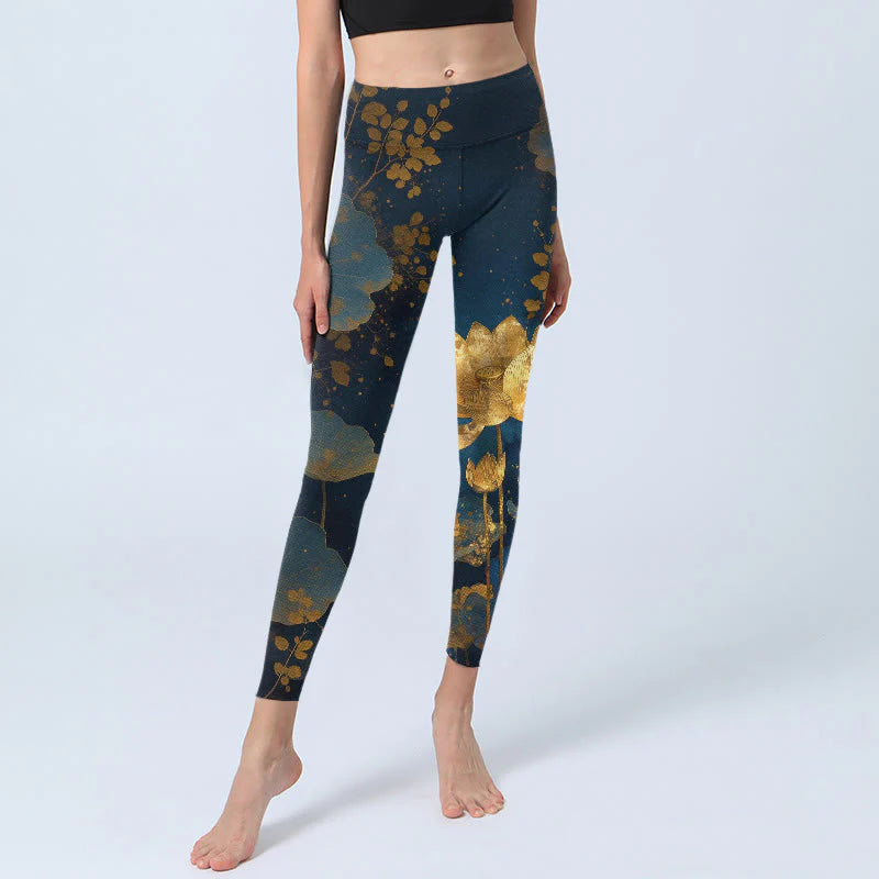 Buddha Stones Elegant Dignified Lotus Flower Leaf Spot Pattern Print Gym Leggings Women's Yoga Pants