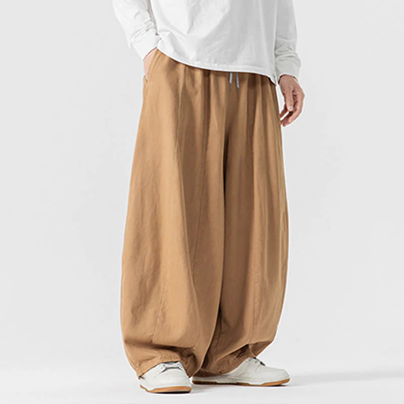 Buddha Stones Winter Commute Plain Drawstring Design Men's Wide Leg Cotton Pants With Pockets