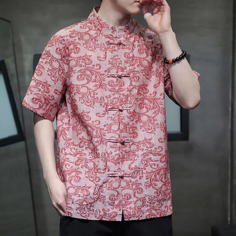 Buddha Stones Summer Floral Vine Pattern Tang Suit Men's Frog-Button Short Sleeve Shirt With Pockets