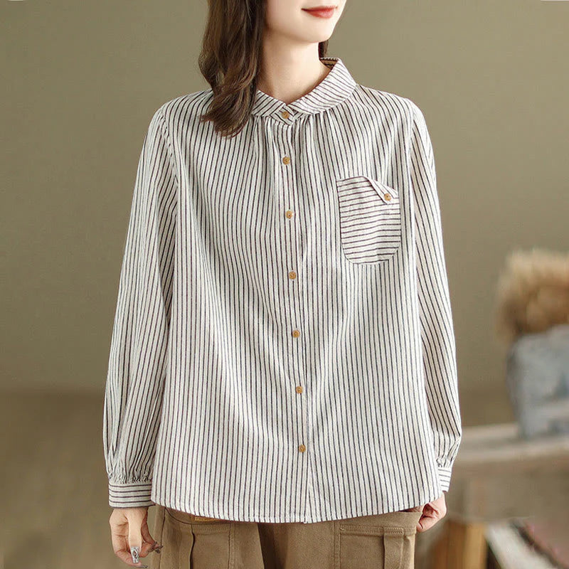 Buddha Stones Spring Causal Splice Design Striped Long Sleeve Button Lapel Cotton Linen Women's Shirt With Pocket