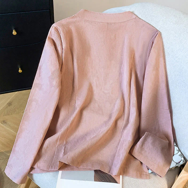 Buddha Stones Commute Jacquard Chinese Frog-Button Mandarin Collar Long Sleeve Women's Cotton Shirt