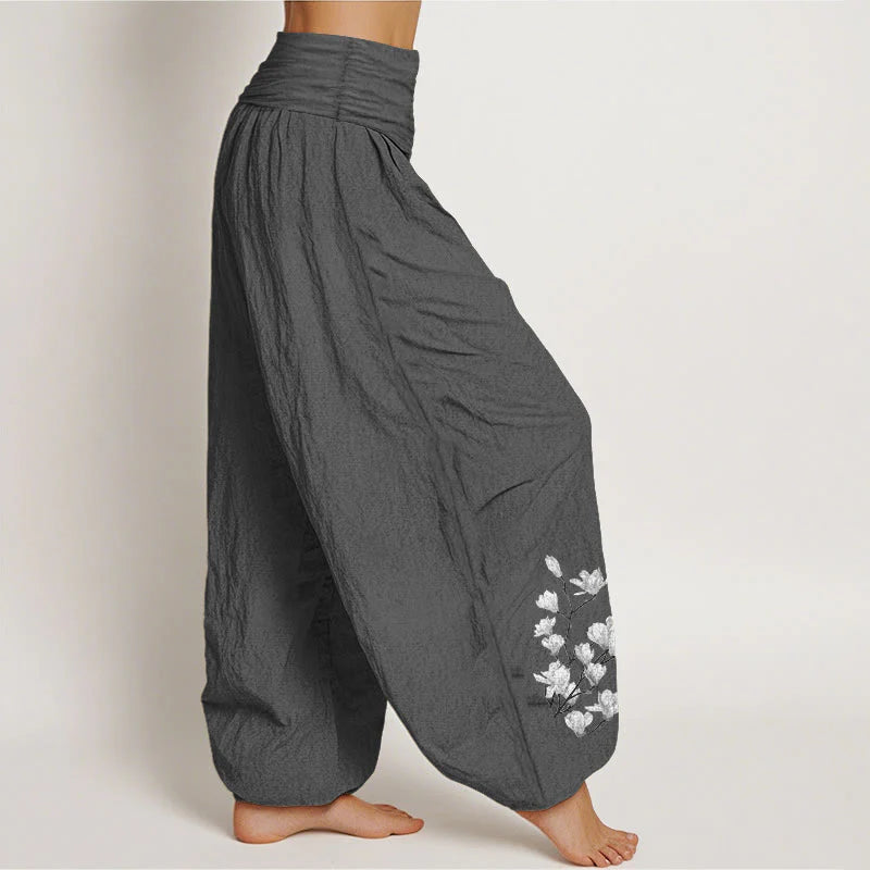 Buddha Stones Pure Cotton Minimalist Style Magnolia Flower Pattern Women's Elastic Waist Harem Pants