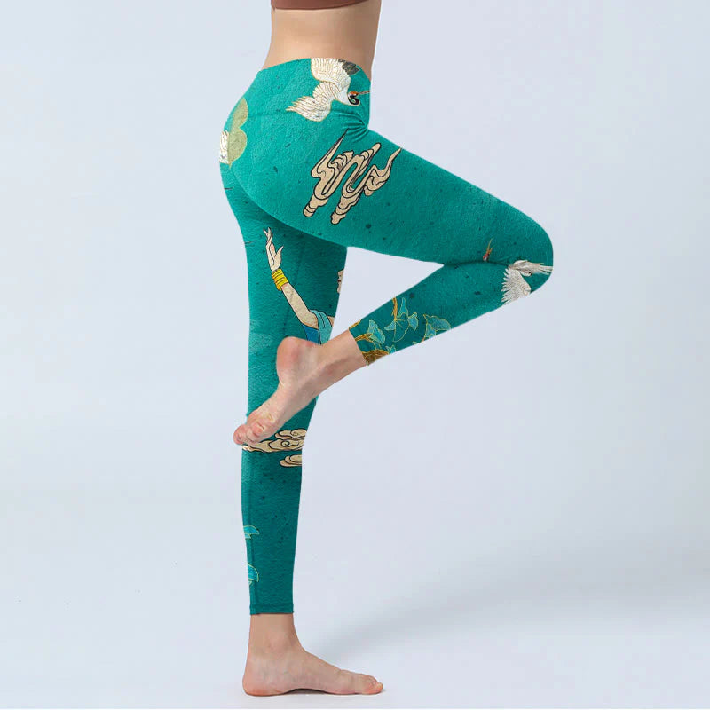 Buddha Stones Elegant Fairy Crane Cloud Pine Tree Pattern Print Gym Leggings Women's Yoga Pants