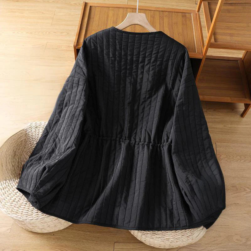 Buddha Stones Women's Plain Crew Neck Drawstring Design Long Sleeve Cotton Jacket With Pocket