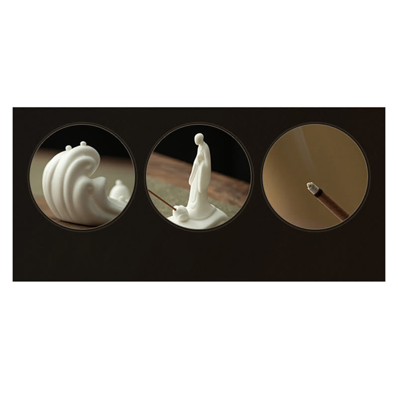Buddha Stones Buddha Monk Ceramic Sea Wave Mountain Blessing Incense Burner Decoration