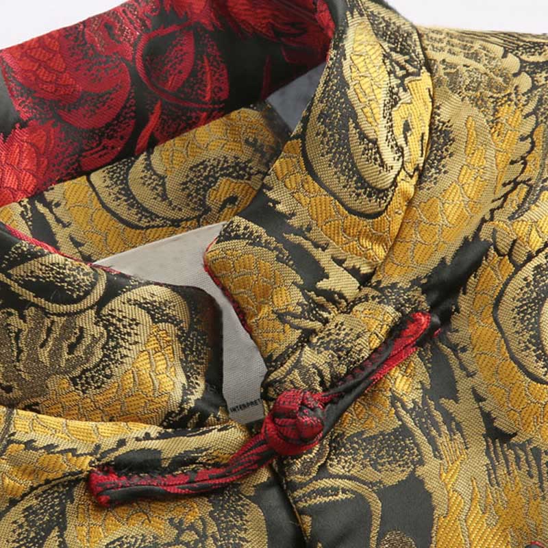 Buddha Stones Winter Dragon Jacquard Warm Frog-Button Long Sleeve Men's Jacket With Pockets