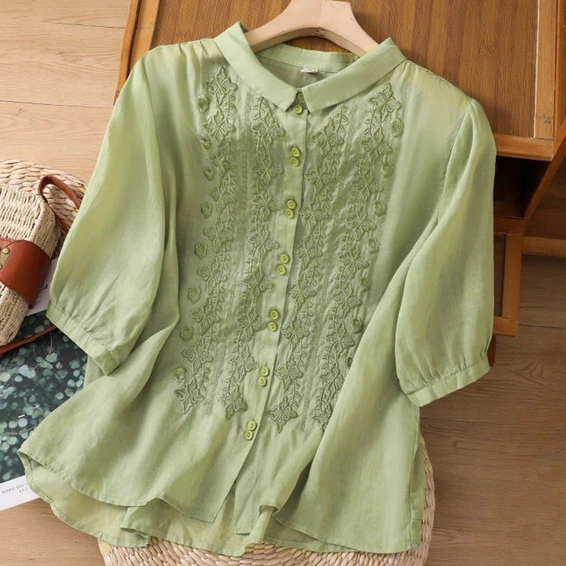 Buddha Stones Summer Plain Button Embroidery Flower Pattern Three Quarter Sleeve Lapel Cotton Linen Women's Shirt