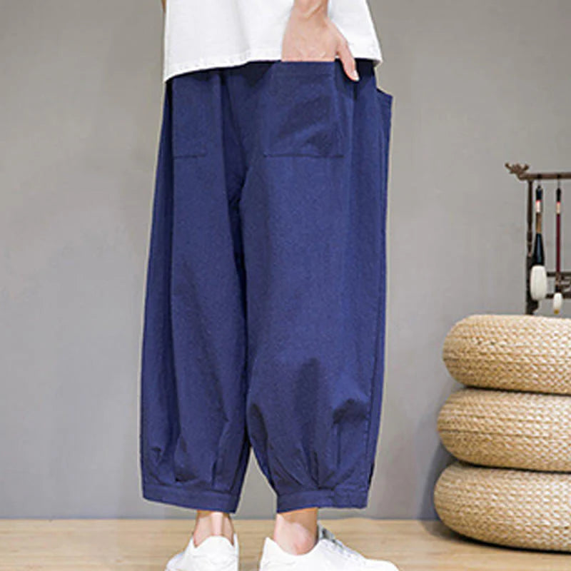 Buddha Stones Simple Cotton Men's Cropped Capri Harem Pants With Pockets