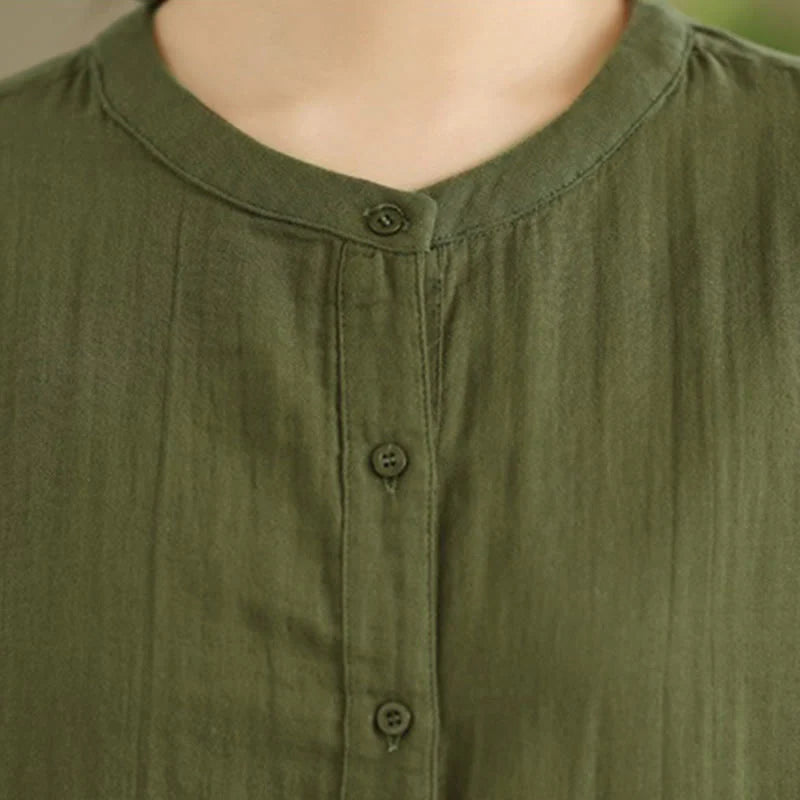 Buddha Stones Fall Embroidery Human Figure Dog Pattern Round Neck Buttons Women's Long Sleeve Shirt