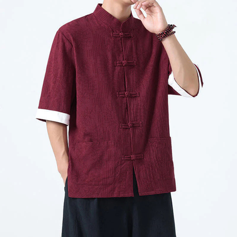 Buddha Stones Summer Flowers Grass Pattern Tang Suit Men's Frog-Button Half Sleeve Cotton Shirt With Pockets