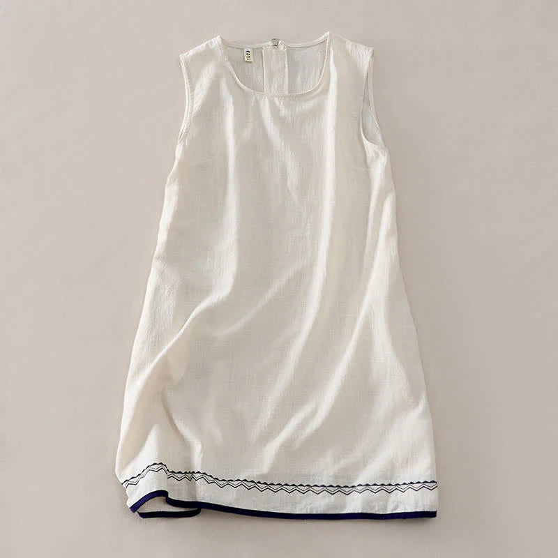 Buddha Stones Summer Embroidery Hem Back Zipper Design Sleeveless Solid Color Mini Dress With Pockets