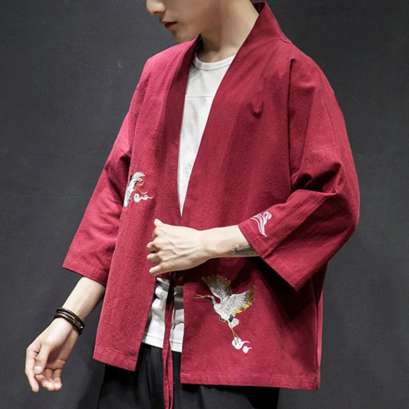 Buddha Stones Embroidery Open Front Jacket Cotton Linen Men's Three Quarter Sleeve Kimono