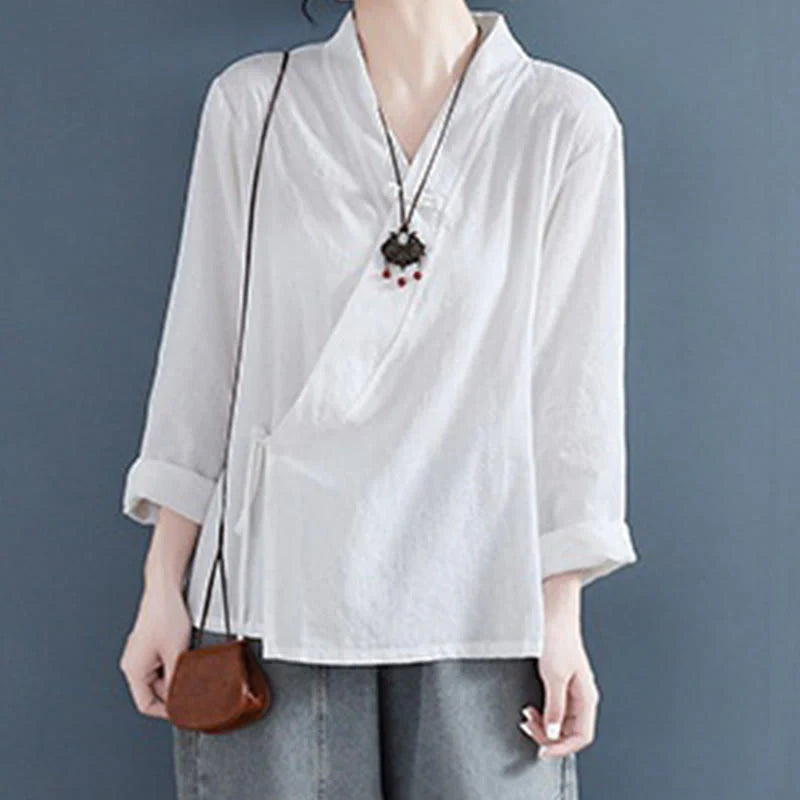 Buddha Stones Casual Solid Color Frog Button Long Sleeve Zen Cotton Linen Women's Shirt