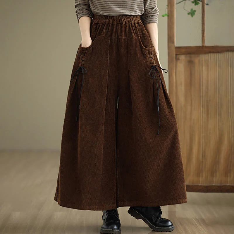 Buddha Stones Women's Pure Color Drawstring Design Wide Leg Corduroy Pants With Pockets