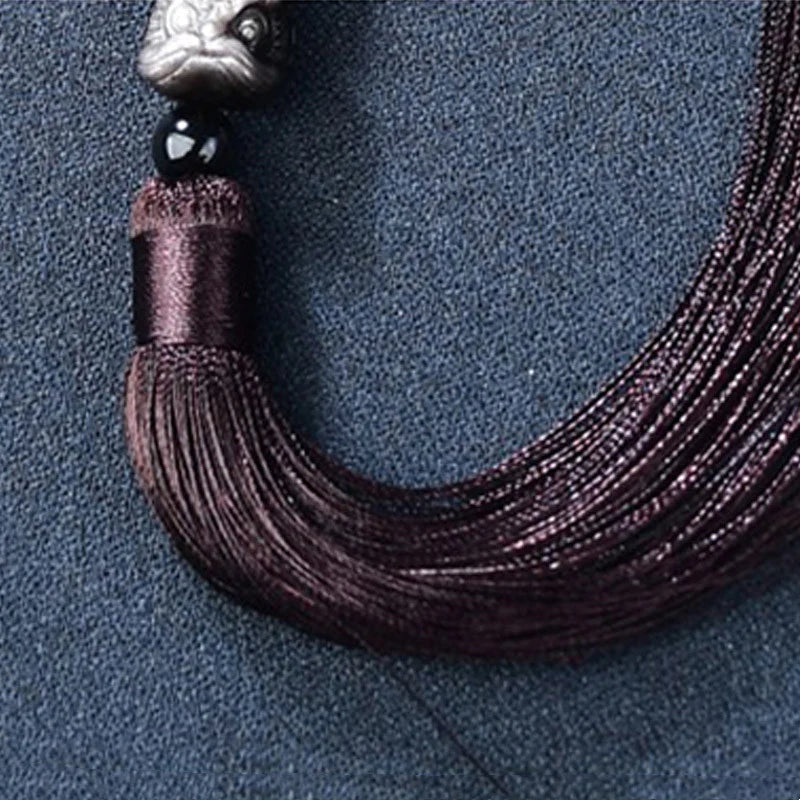 Buddha Stones Natural Silver Sheen Obsidian Lion Wrist Mala Protection Tassels Pocket Mala Car Decoration
