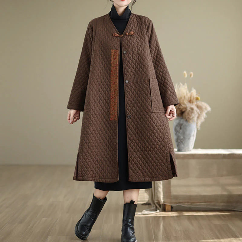 Buddha Stones Diamond Pattern Mid-length Women's Cotton Coat With Pockets