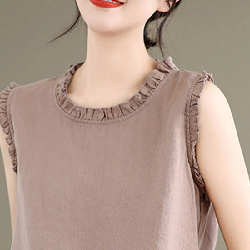Buddha Stones Summer Ruffled Design Drawstring Crew Neck Cotton Linen Women's Sleeveless Vest