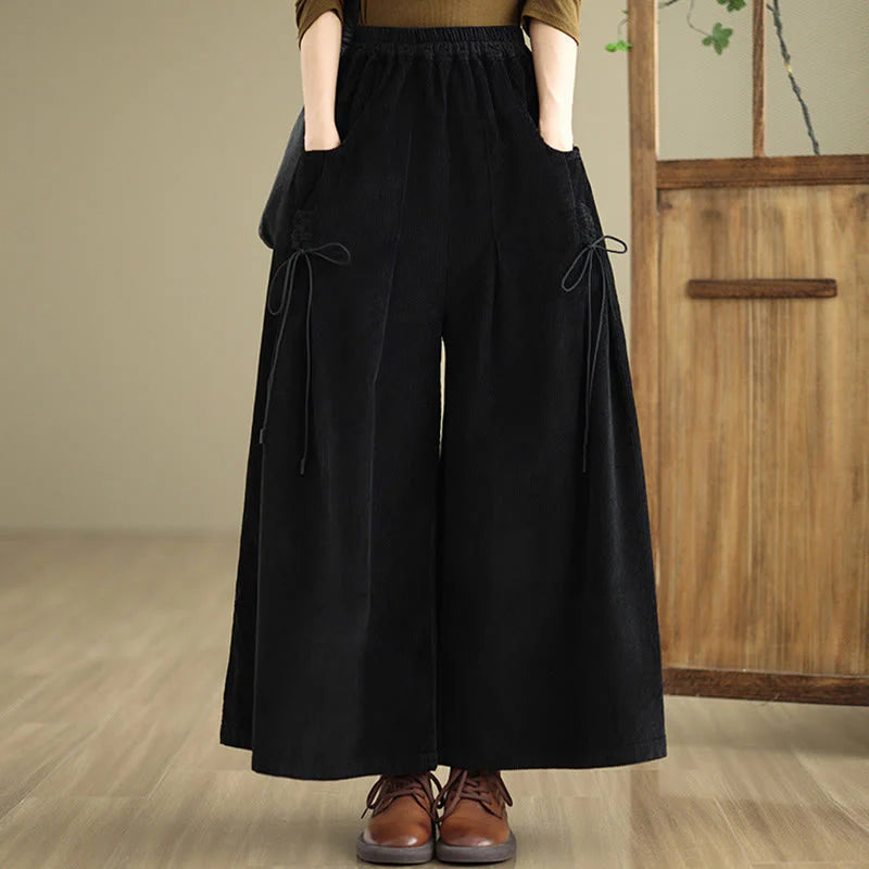 Buddha Stones Women's Pure Color Drawstring Design Wide Leg Corduroy Pants With Pockets