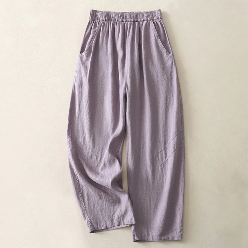 Buddha Stones Summer Daily Solid Color Elastic Waistband Design Women's Wide Leg Cotton Linen Pants With Pockets