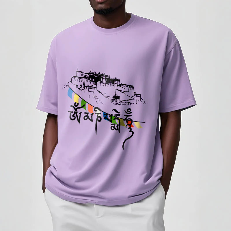Buddha Stones Potala Palace Om Mani Padme Hum Prayer Flags Cotton Tee T-shirt