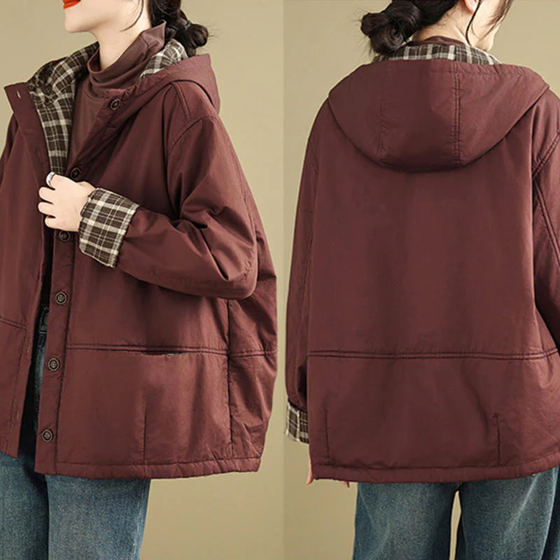 Buddha Stones Plaid Hoodie Pattern Women's Long Sleeve Cotton Thickened Jacket With Pockets