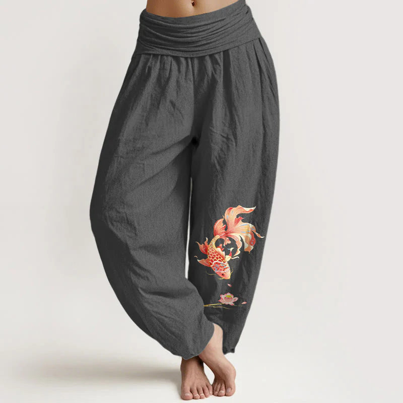 Buddha Stones Cotton Luck Koi Fish Lotus Pattern Women's Elastic Waist Harem Pants
