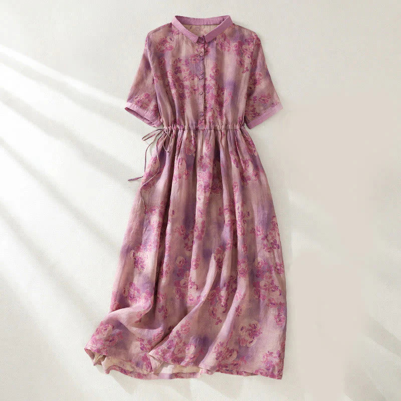 Buddha Stones Printing Buttons Drawstring High Waist Short Sleeve Cotton Midi Dress With Pockets