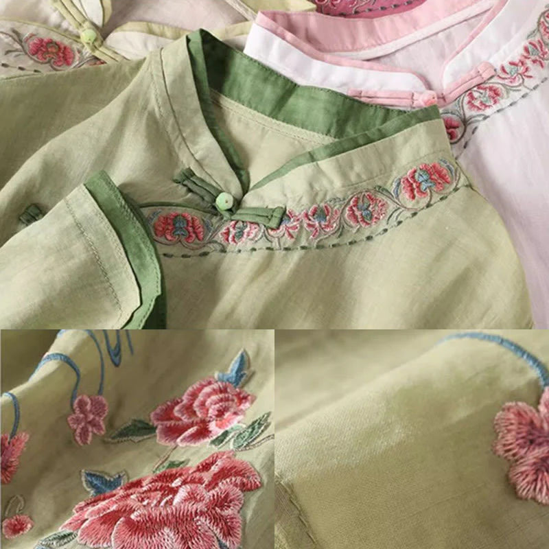 Buddha Stones Vintage Zen Embroidery Plant Floral Pattern Chinese Frog-Button Design Three Quarter Sleeve Women's Cotton Linen Shirt