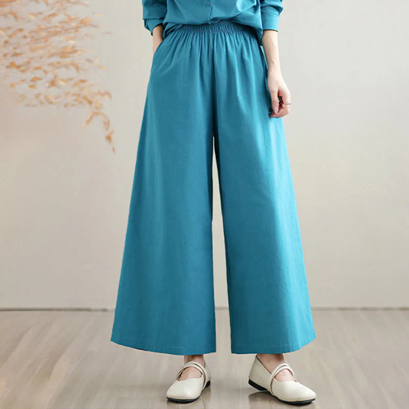 Buddha Stones 2Pcs Fall Solid Color Cotton Buttons Down Long Sleeve Shirt Ankle-Length Wide Leg Pants Women's Set With Pockets