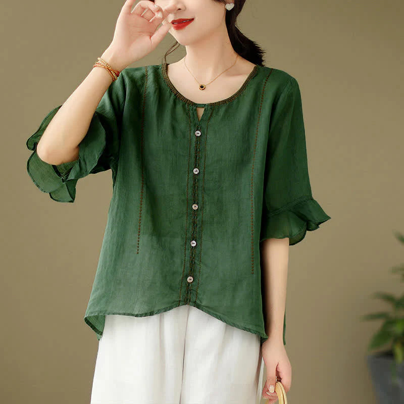 Buddha Stones Embroidery Buttons Crew Neck Flared Short Sleeve Women's Shirt