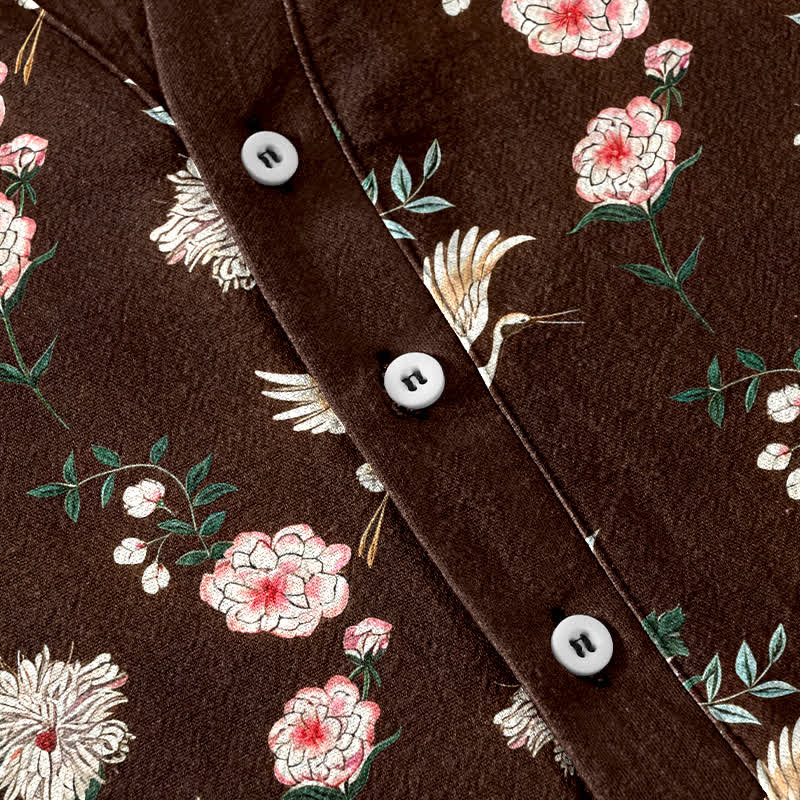Buddha Stones Cotton Crane Floral Print Men's Short Sleeve Half Button Shirt