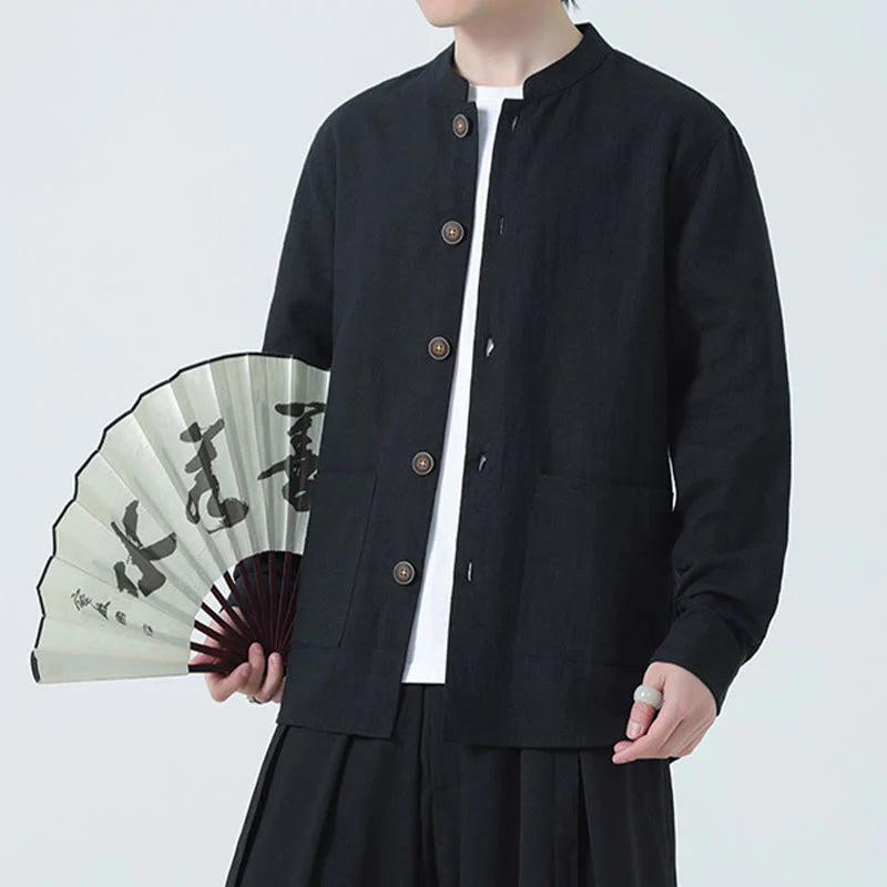 Buddha Stones Men's Button Ramie Linen Cotton Fleece Lined Jacket Shirt With Pockets