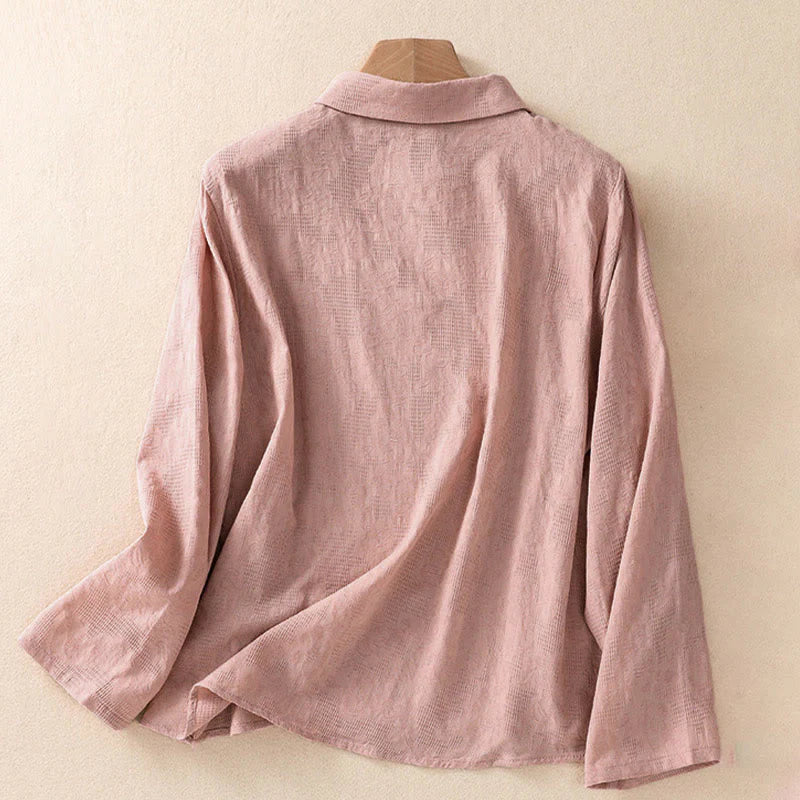 Buddha Stones Fall Embroidery Asymmetrical Design Frog-Button Women's Cotton Long Sleeve Shirt