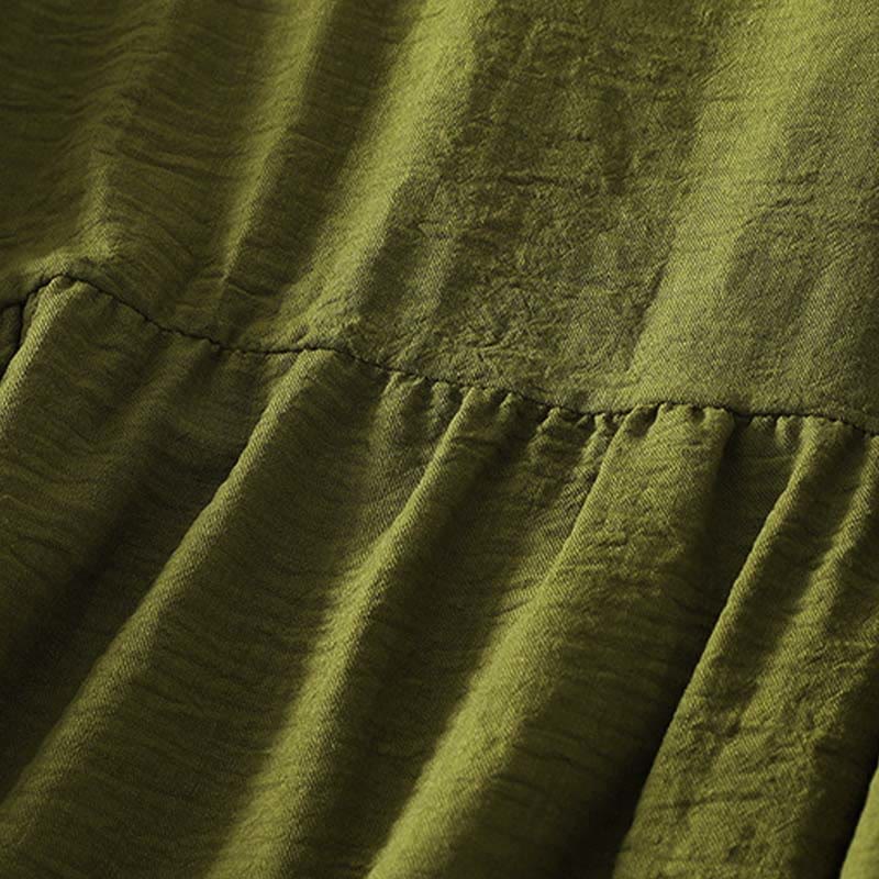 Buddha Stones Casual Olive Green Crew Neck Women's Cotton Linen Long Sleeve Shirt