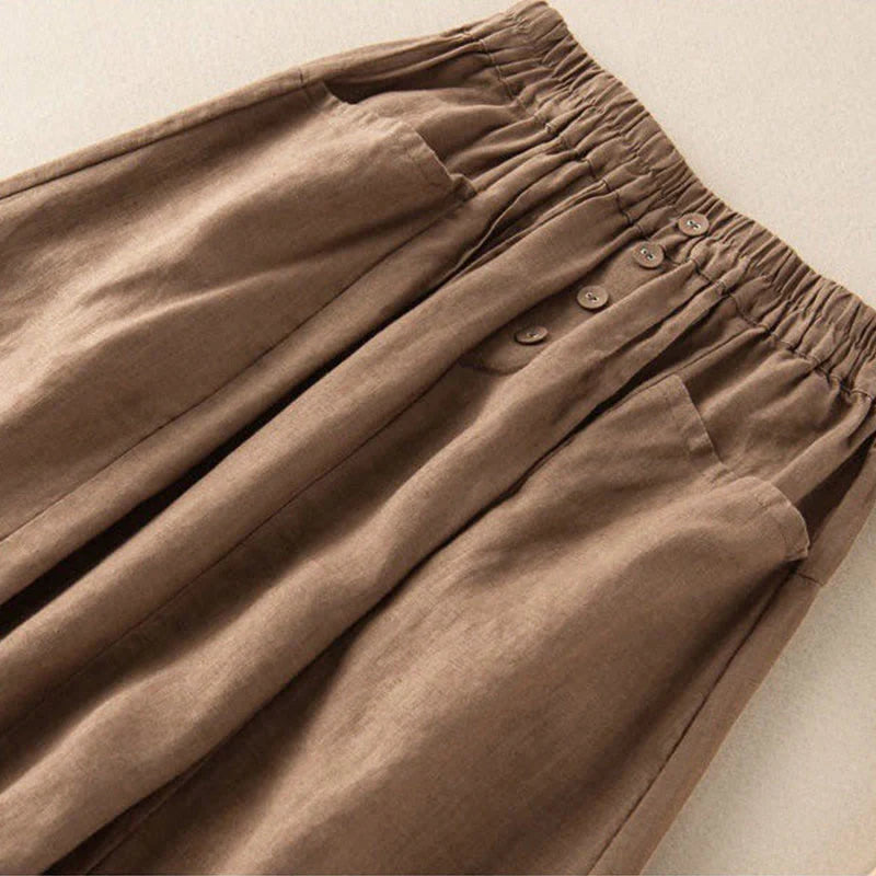 Buddha Stones Summer Solid Button Elastic Waist 7-8 Length Women's Skirt With Pockets