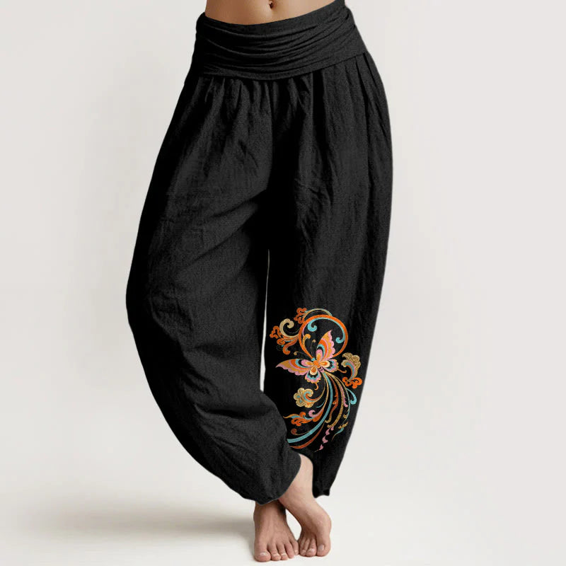 Buddha Stones Cotton Free Butterfly Auspicious Cloud Pattern Women's Elastic Waist Harem Pants