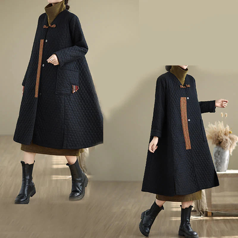 Buddha Stones Diamond Pattern Mid-length Women's Cotton Coat With Pockets