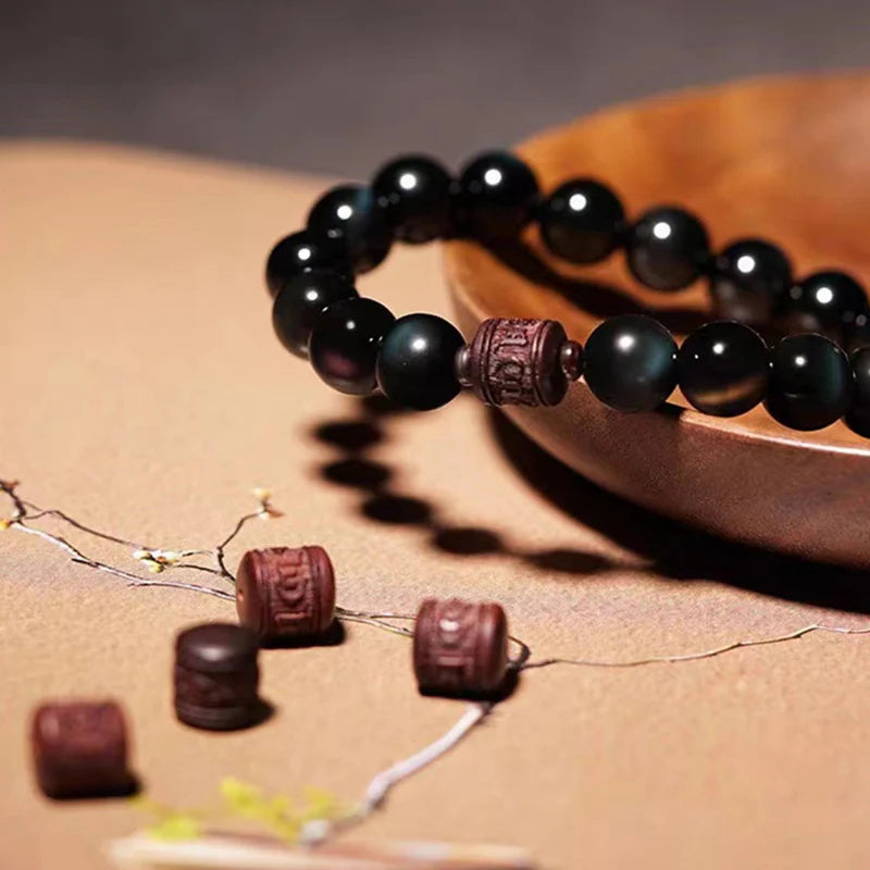 Buddha Stones Natural Gold Sheen Obsidian Rainbow Obsidian Om Mani Padme Hum Fu Character Healing Bracelet