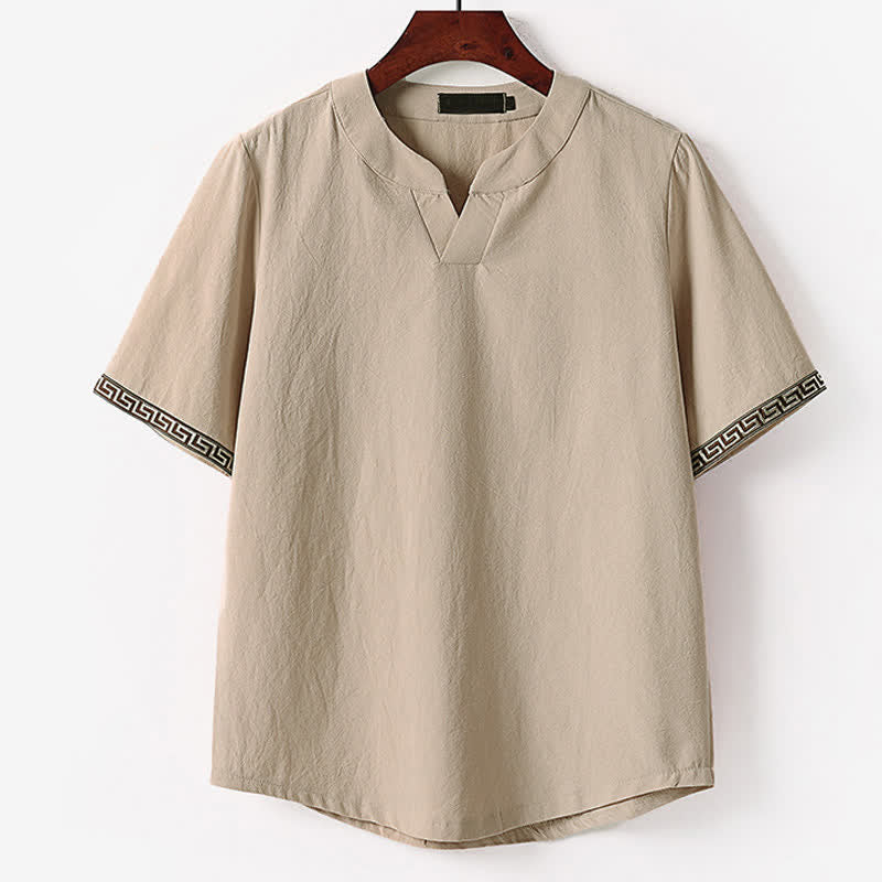 Buddha Stones Summer Embroidered Short Sleeve Notched Collar Men's Cotton Linen T-Shirt