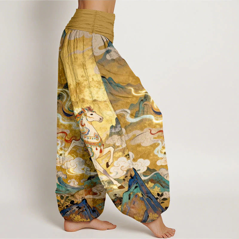 Buddha Stones Cotton Gorgeous Mountain Horse Cloud Pattern Women's Elastic Waist Harem Pants