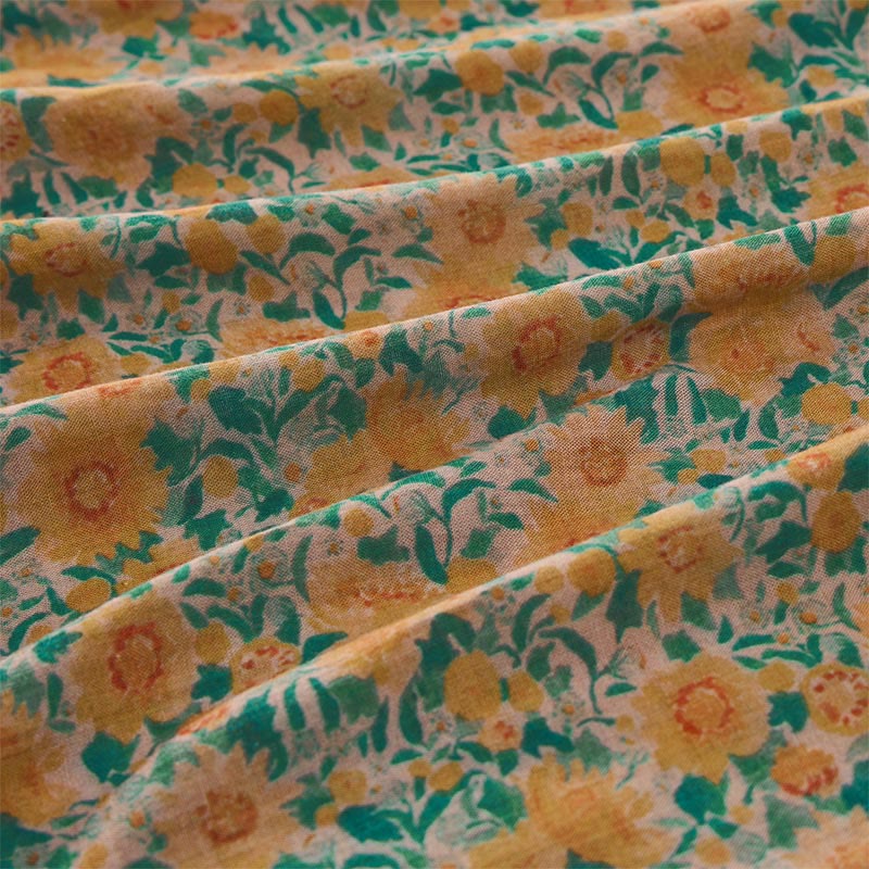 Buddha Stones Summer  Frog-Button Stand Collar Short Sleeve Flower Pattern Women's Cotton Shirt