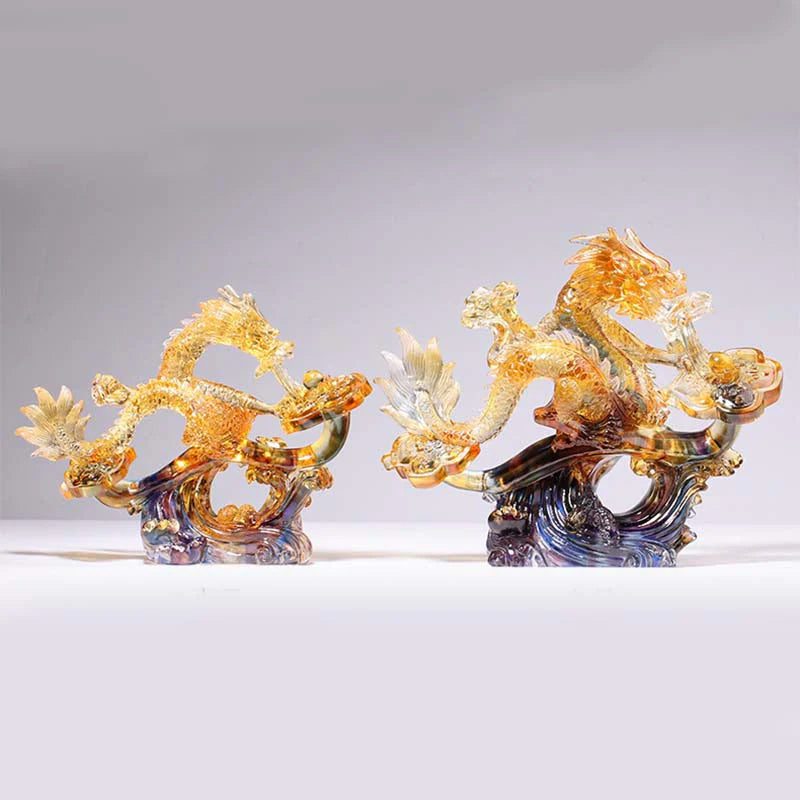 Buddha Stones Year of the Dragon Handmade Ruyi Handle Liuli Crystal Art Piece Protection Home Office Decoration