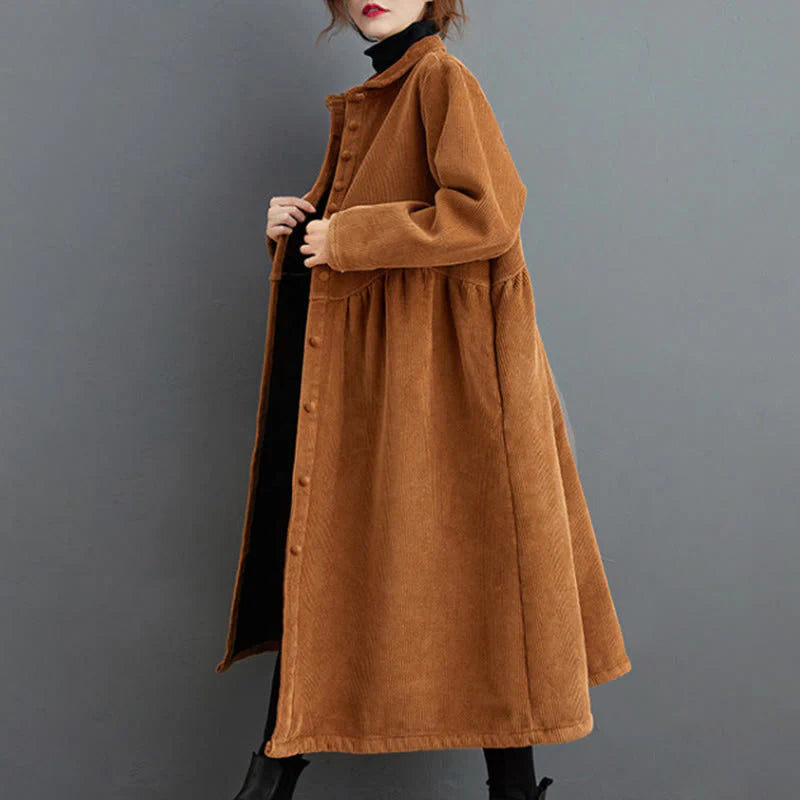 Buddha Stones Plain Buttons Long Sleeve Women's Cotton Corduroy Fleece-Lined Coat With Pockets