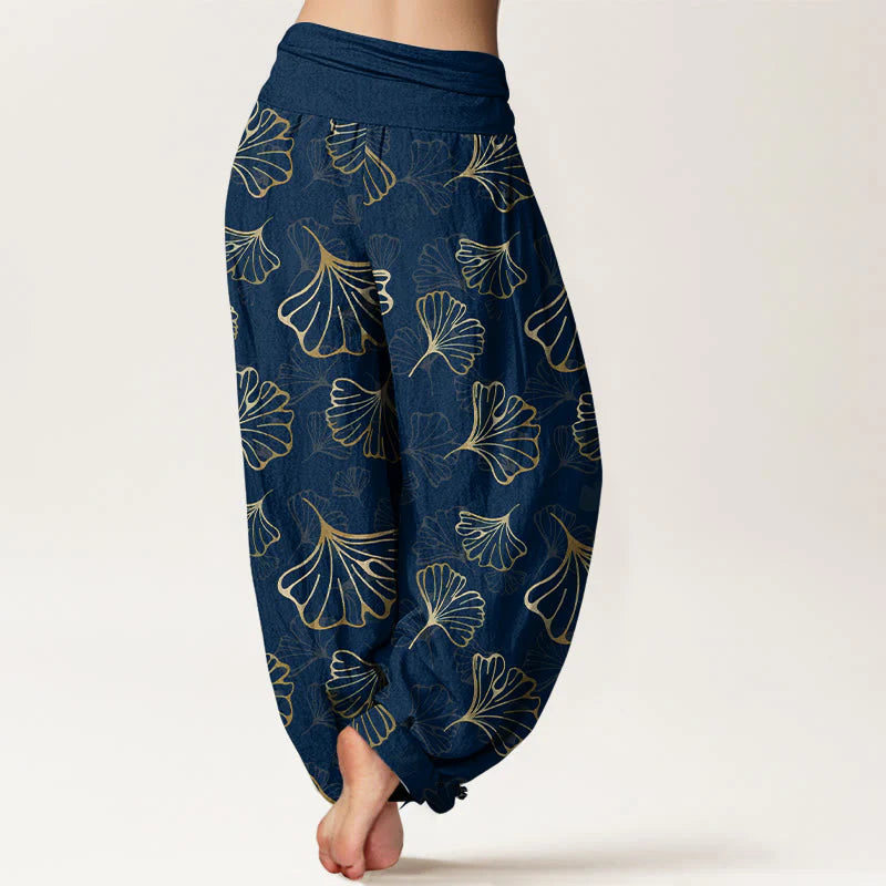 Buddha Stones Pure Cotton Minimalist Style Ginkgo Leaves Pattern Women's Elastic Waist Harem Pants