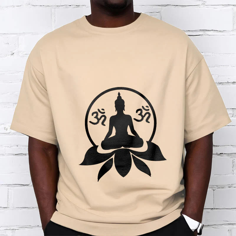 Buddha Stones OM Symbol Sanskrit Mantras Buddha Seated On Lotus Flower Design Tee T-shirt