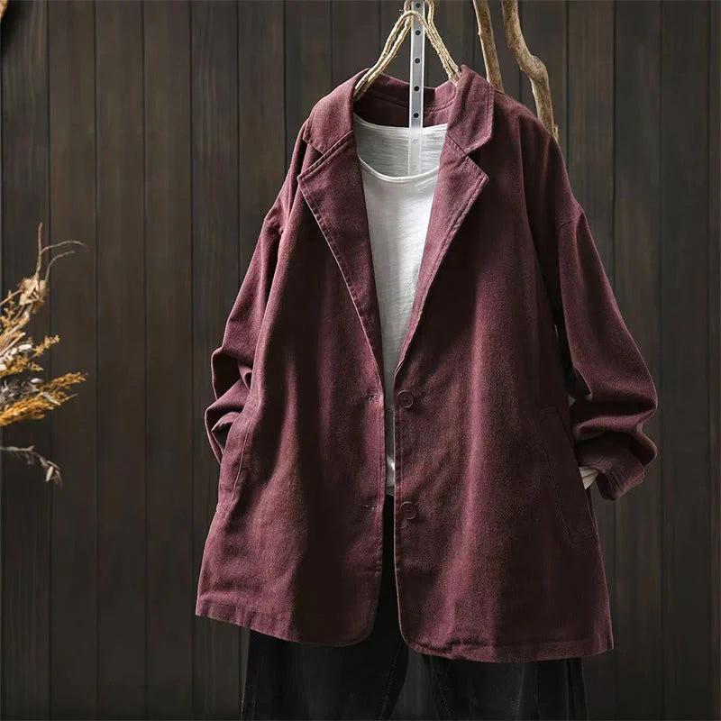 Buddha Stones Spring Fall Buttons Lapel Collar Long Sleeve Mid-length Cotton Women's Jacket With Pockets