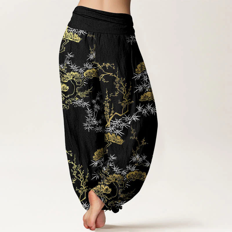 Buddha Stones Pure Cotton Pine Bamboo Plum Pattern Women's Elastic Waist Harem Pants