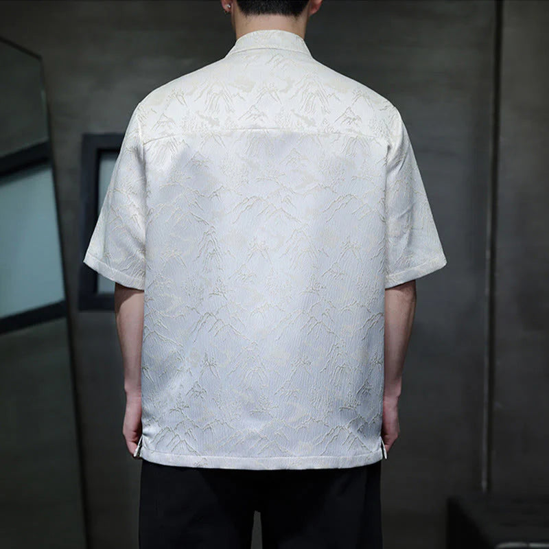 Buddha Stones Summer Mountain Pattern Jacquard Chinese Frog-Button Cotton Short Sleeve Men's Shirt