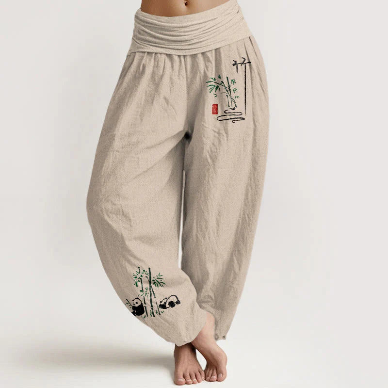 Buddha Stones Panda Bamboo Leaves Pattern Pure Cotton Women's Elastic Waist Harem Pants
