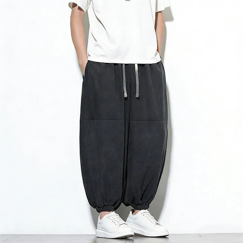 Buddha Stones Spring Solid Color Drawstring Cropped Men's Harem Cotton Pants With Pockets
